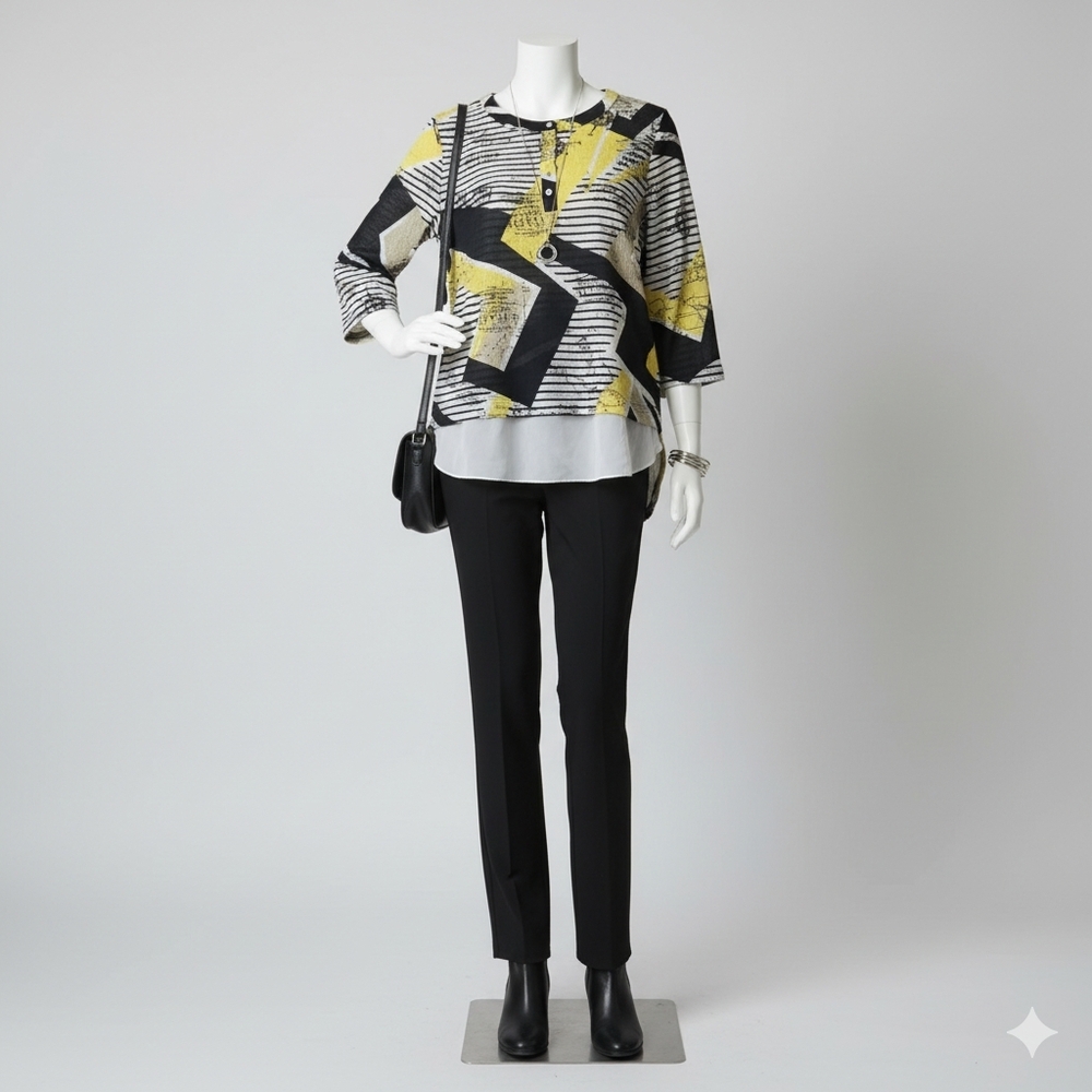 Marie Claire yellow and blakc prints 3/4 sleeve with roll up tab